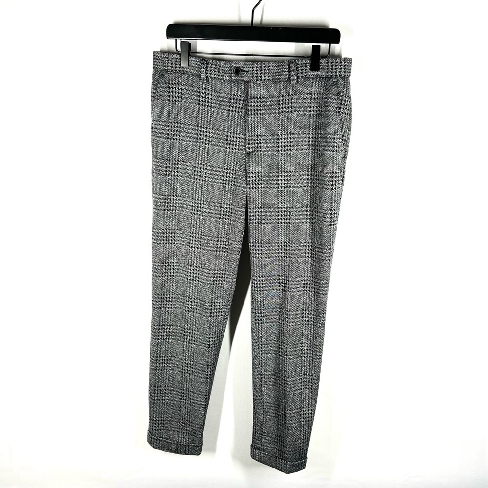 Zara Men Trousers Houndstooth Plaid Gray Rolled Hem 31